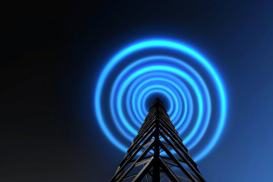 A tall radio tower emits blue circular waves against a dark background, symbolizing communication and technology. - Powered by Adobe