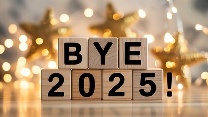 Goodbye 2025 wooden blocks and golden star lights celebration design
