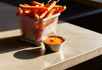 Sweet Potato Fries with Dipping Sauce on Sunlit Table