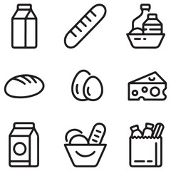 Grocery Essentials Line Icons – Milk Bottle, Loaf, Cheese Vector Set