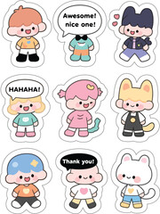 Naklejka premium Cute character stickers in kawaii cartoon style with various emotions and short quotes