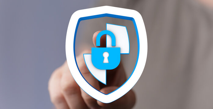 Hand pressing a digital lock security shield. Cybersecurity concept showing protection of data, privacy and security in the digital a