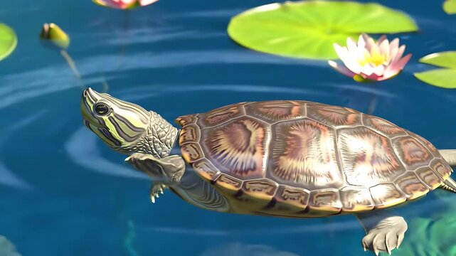 A serene striped turtle swims in the calm, crystal-clear water, its shell glistening with subtle shades of brown and yellow, as the sun's soft rays