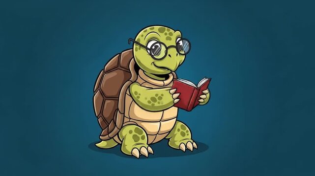 A cartoon turtle wearing glasses is reading a book against a dark blue background