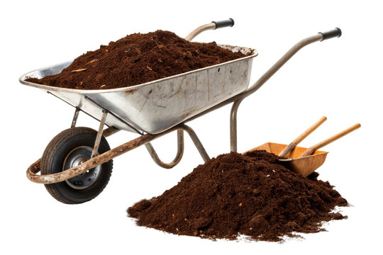 Wheelbarrow filled with soil and gardening tools on white