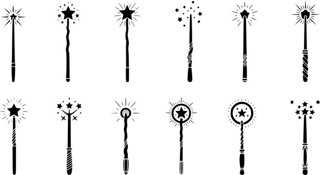 Magic wand isolated black set icon. Black vector set icon wizard stick . Vector illustration magic wand on white background.
