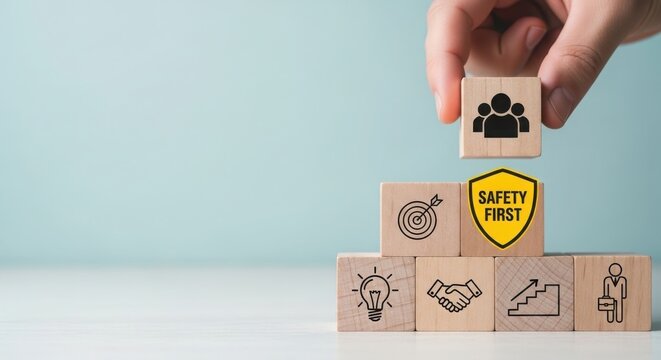 Hand stacking wooden blocks with safety first shield and team icon on light blue background.