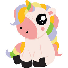 Adorable cartoon unicorn with pastel rainbow mane and tail sitting with a pink body and black hooves with a transparent background