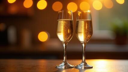 Two glasses of champagne sitting on a table, ideal for parties and celebrations