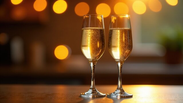 Two glasses of champagne sitting on a table, ideal for parties and celebrations