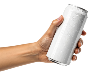Hand holding a cold beverage can with condensation droplets