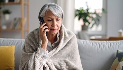 Concerned Senior Woman Talking on Smartphone Wrapped in Blanket at Home