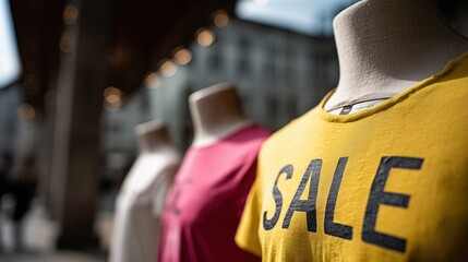 Mannequin portant un t-shirt jaune avec inscription SALE dans magasin