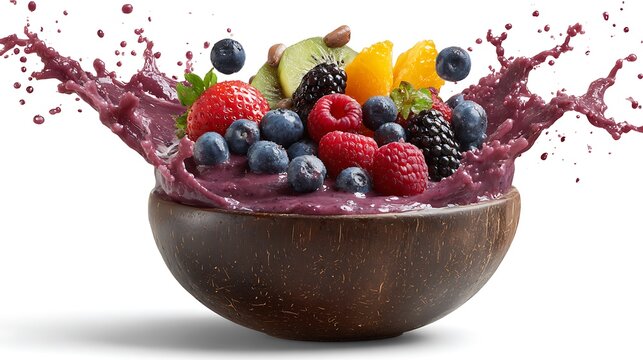 Colorful fruit bowl with splash isolated on white background