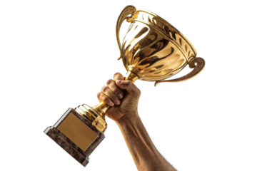 Hand holding a golden trophy with a dark base