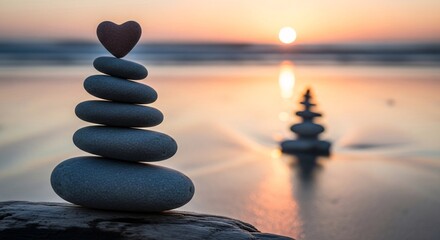 Stacked stones with heart against sunset sky serene nature scene