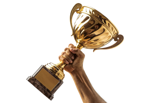 Hand holding a golden trophy with a dark base