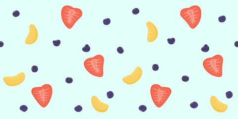 seamless fruit pattern with strawberries, blueberries, and orange slices scattered on a soft background. Fresh, playful, and perfect for textiles, packaging.