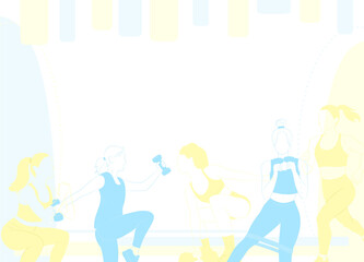 soft silhouettes of people doing group exercise in a studio setting. Pastel tones and gentle shapes.