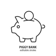 Piggy bank line icon with money coin. Concept of saving money, investment, banking, and finance. Editable stroke for web design. Vector illustration.