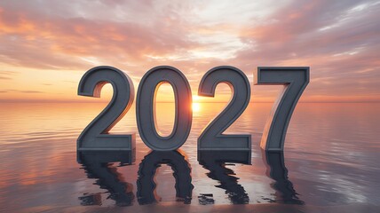 Year 2027 in serene ocean setting with beautiful sunset sky