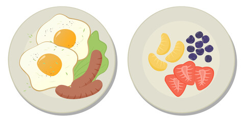 two breakfast plates: one featuring fried eggs, sausage, and vegetables, and the other containing fresh fruit slices including strawberries, oranges, and blueberries
