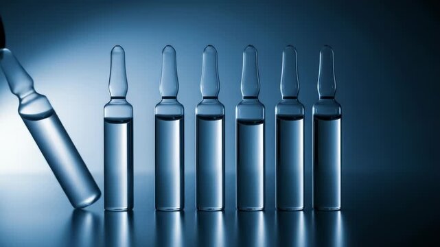Hand holding an ampule, near a row of identical glass vials filled with liquid against a blue backdrop