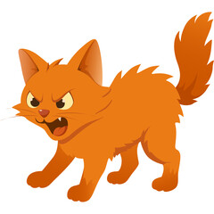 An angry orange tabby cat with sharp teeth and furrowed brows stands with its back arched and tail fluffed indicating aggression a simple cartoon illustration with a transparent background