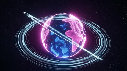 Abstract futuristic earth globe with digital orbits, glowing neon effect creating a dynamic and - Powered by Adobe