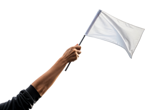 Hand holding white flag against bright sky