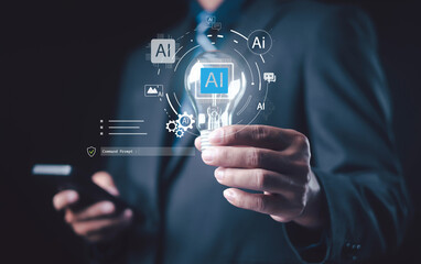 Businessman holding glowing light bulb with AI technology icons, representing artificial intelligence innovation, digital transformation, and smart business solutions in modern technology concept.