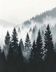 Obraz premium Foggy Pine Forest Silhouettes Aesthetic Mobile Wallpaper