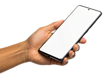 Hand holding a modern smartphone with a blank screen
