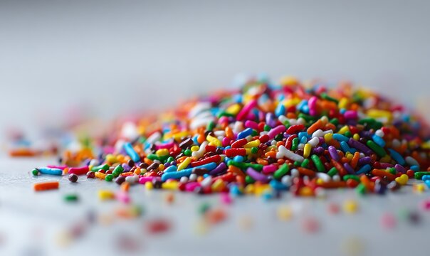 Macro shot of vibrant, colorful sprinkles on a light background.
