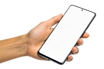 Hand holding a blank screen mobile phone isolated on white