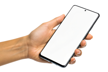 Hand holding a blank screen mobile phone isolated on white