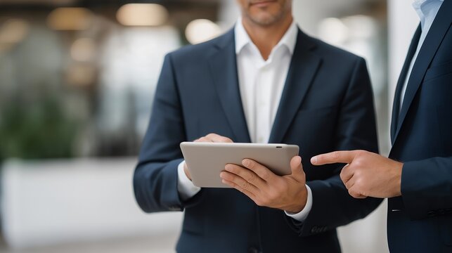 Insurance representative holding digital tablet while showing policy features to entrepreneur, symbolizing modern client engagement, risk protection, and digital transformation in finance.