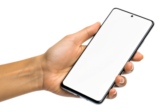 Hand holding a blank screen mobile phone isolated on white