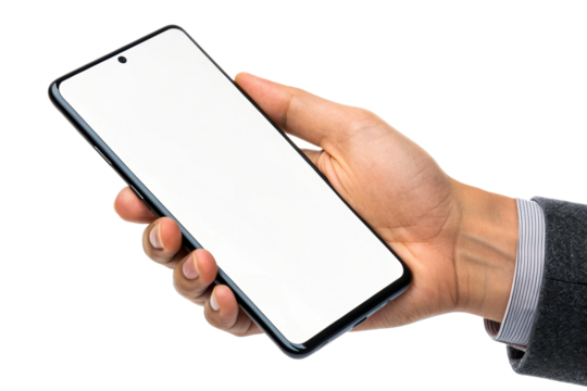 Person holding smartphone with white screen - Powered by Adobe
