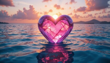 Fototapeta premium A beautiful crystal pink heart-shaped floating Over Vibrant Ocean – Glowing Pink Sky and Tropical Paradise Atmosphere