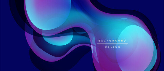 Abstract fluid shapes, vibrant blues, purples, gradients create dynamic background. Modern design, smooth curves, elegant composition.
