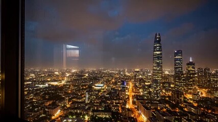 Dramatic city skyline during a thunderstorm at night with lightning illuminating skyscrapers, creating a sense of urban power and resilience in the face of nature's force