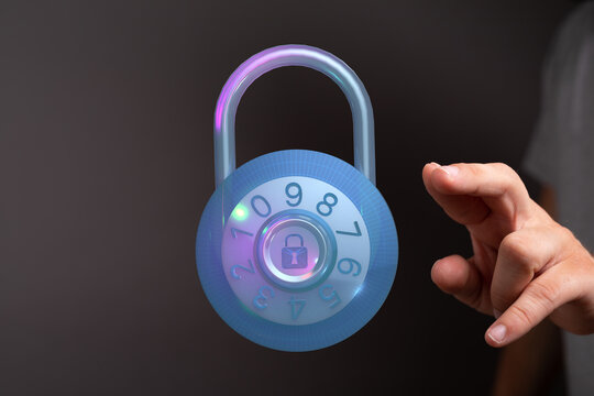Concept of cybersecurity with futuristic glowing padlock. Hand pointing towards digital lock. Concept for security, data protection, - Powered by Adobe