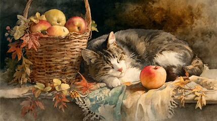 Cat sleeping next to a basket of apples and autumn leaves