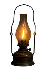 Antique brass kerosene oil lamp with glass chimney, an old vintage light object isolated on a black background