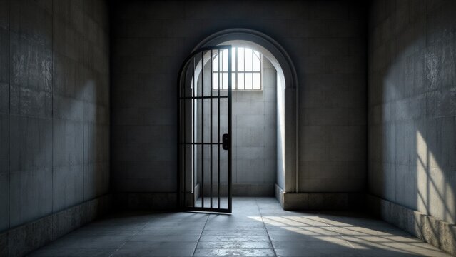 A closed jail cell door in a dimly lit room, often used as a symbol of confinement or punishment