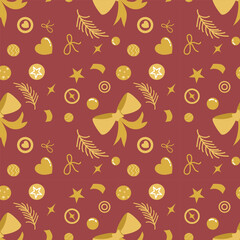 Festive Christmas and New Year Seamless Pattern with Gold Bows and Holiday Ornaments on Red Background
