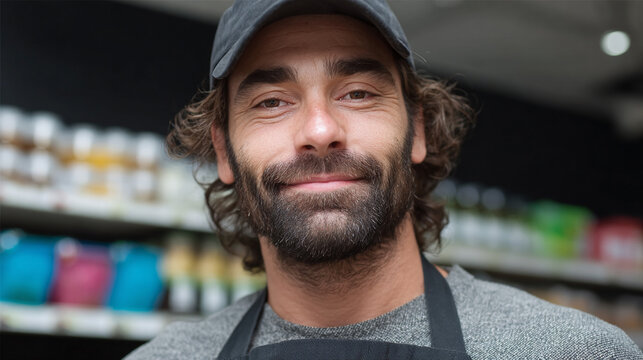 Smiling man wearing cap and apron working in store.