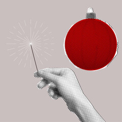 Human hand holding firework in halftone style,Christmas and New Year celebration concept