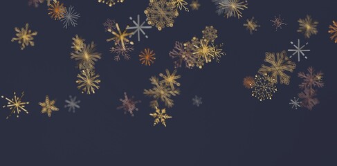 Abstract design of golden snowflakes falling on a dark blue background. Perfect for winter themes, Christmas cards, and festive proje